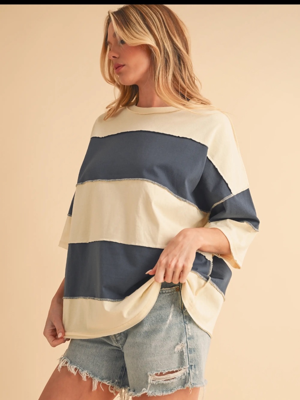 440. Patchwork colorblock short sleeve T-Shirt pineapple Navy Blue